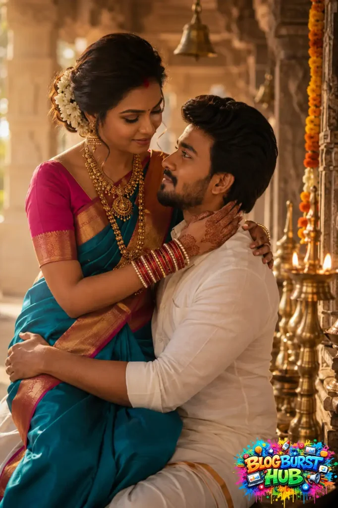Romantic AI prewedding photoshoot featuring South Indian couple pose with traditional wedding outfits