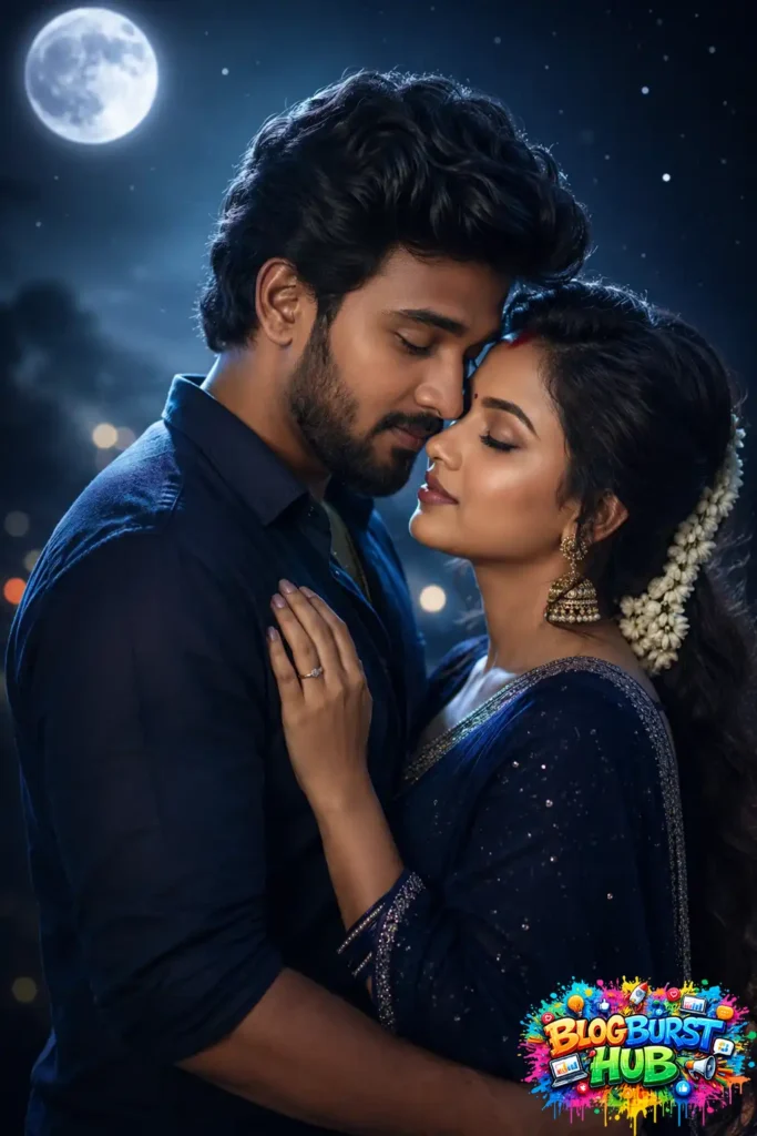Ultra-realistic AI-generated romantic couple portrait under moonlight with cinematic blue tones
