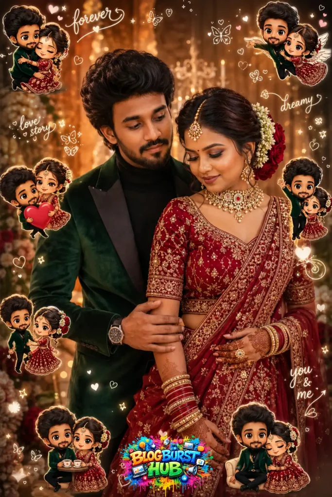 Romantic Indian couple in wedding attire with cute miniature cartoon couple stickers and glowing cinematic background.