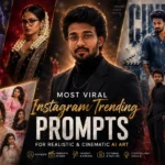 Collage of realistic and cinematic AI-generated portraits showcasing viral Instagram trending prompts with cinematic scenes, fantasy visuals, editorial aesthetics, and storytelling compositions.