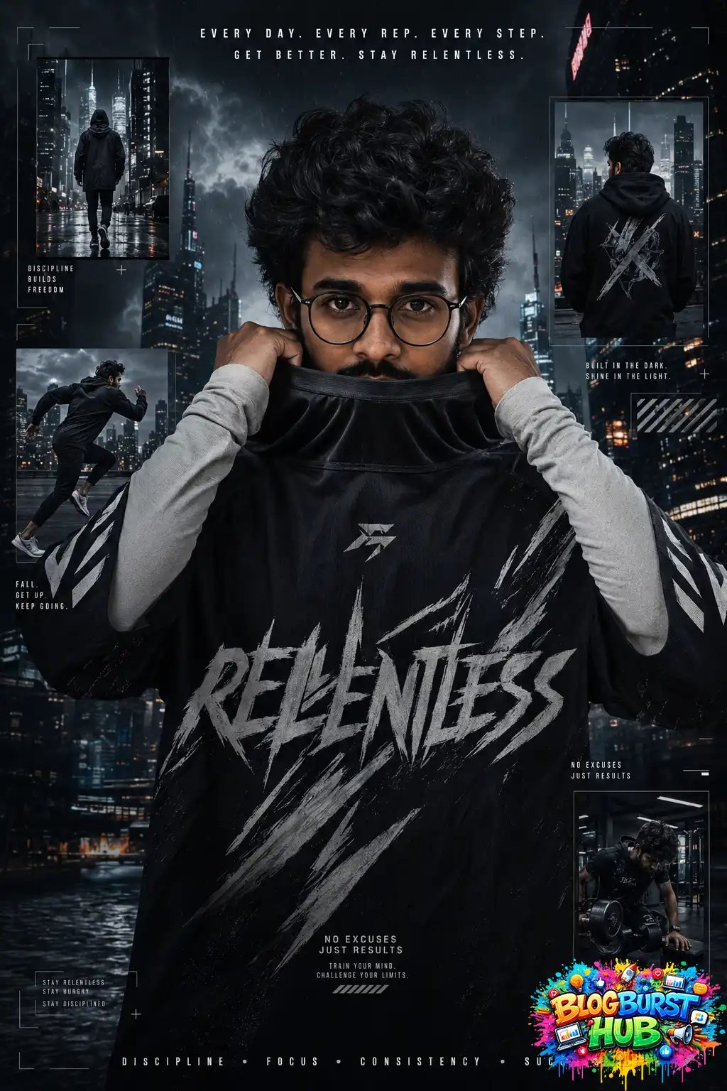 Urban cinematic AI poster featuring motivational typography and fitness styling.