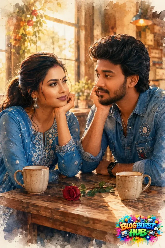 Watercolor portrait of a romantic Indian couple sitting across from each other at a cozy café table with coffee mugs and a rose.