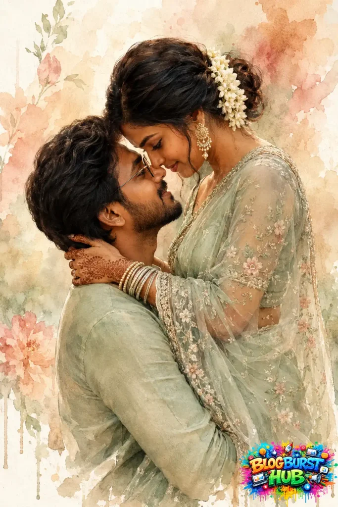 Romantic watercolor portrait of an Indian couple embracing in pastel green traditional outfits with floral embroidery and soft artistic background.