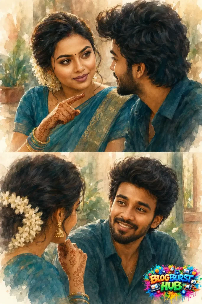Watercolor portrait of a romantic Indian couple in blue traditional outfits sharing an intimate conversation and smiling at each other.