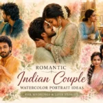Romantic Indian couple watercolor portrait collage featuring elegant wedding-inspired love story artwork with traditional outfits, floral backgrounds, and dreamy pastel aesthetics.