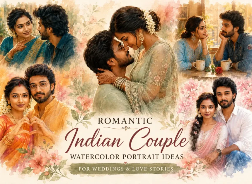 Romantic Indian Couple Watercolor Portrait Prompts Ideas for Weddings & Love Stories