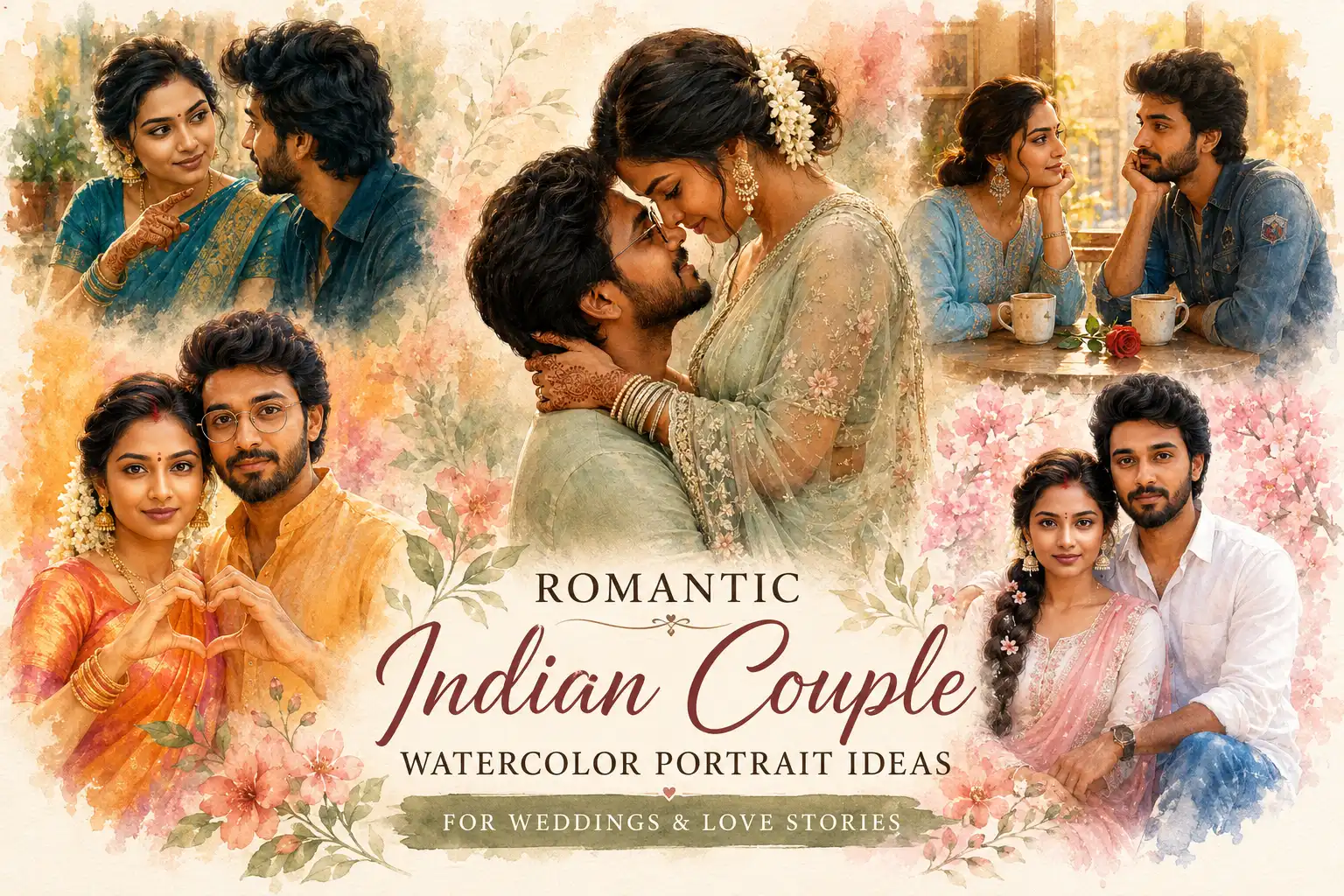 Romantic Indian Couple Watercolor Portrait Prompts Ideas for Weddings & Love Stories