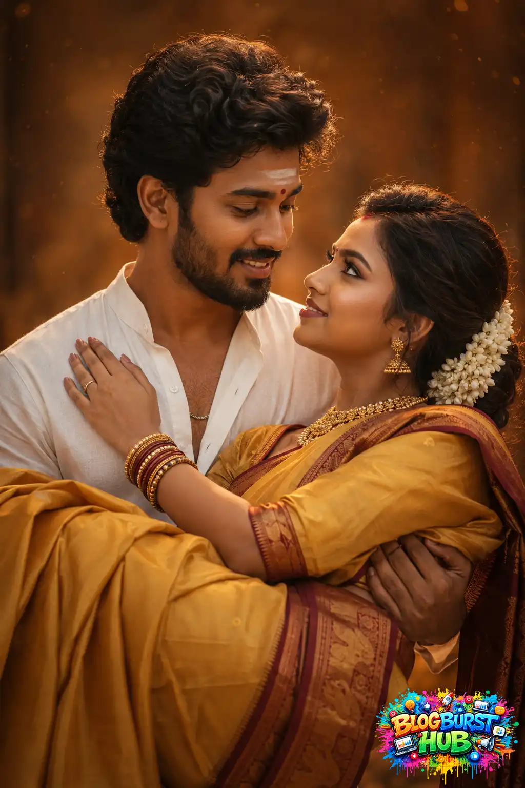 South Indian man carrying his partner in a traditional saree while sharing a romantic gaze during sunset.