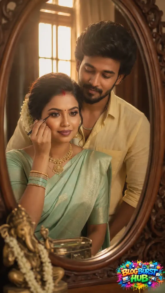 South Indian couple sharing an intimate moment while looking into a vintage mirror in traditional attire.