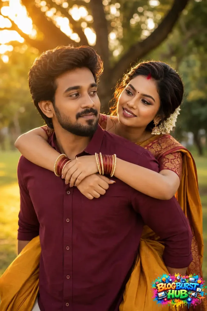 South Indian couple in traditional attire sharing a romantic piggyback pose during golden hour in a park.