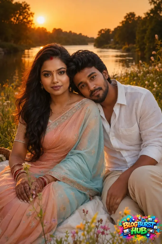 South Indian couple sitting together during a sunset picnic beside a river in traditional attire.