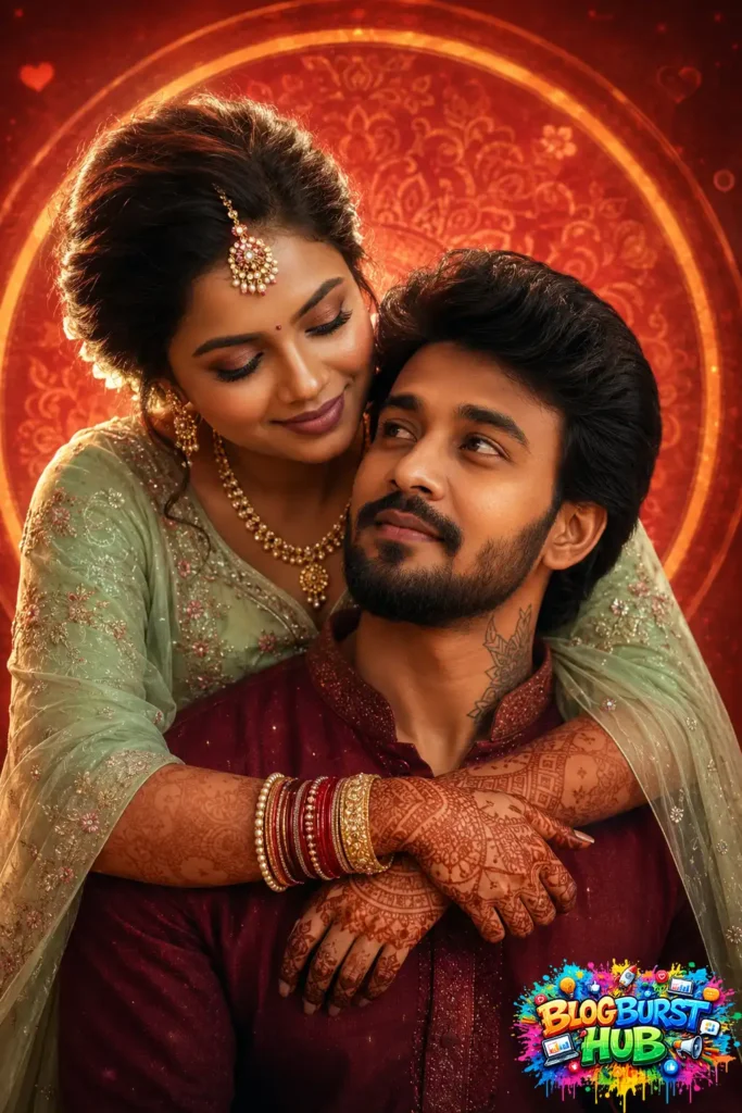 Luxury AI prewedding portrait with traditional Indian attire and cinematic editorial lighting