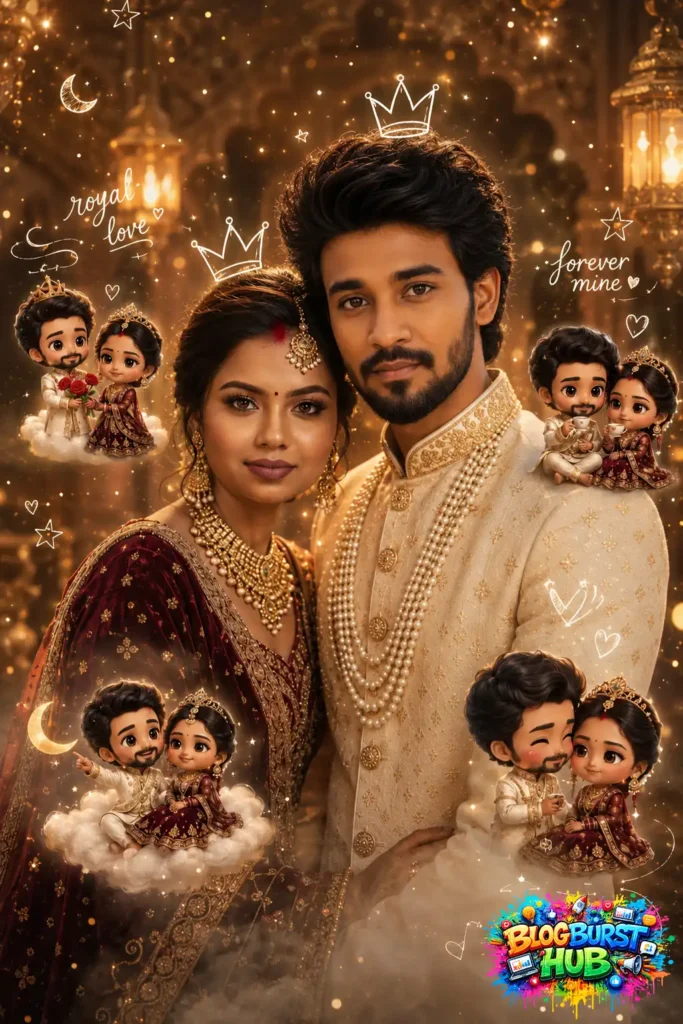 Royal Indian couple portrait with luxury ethnic fashion, glowing background, and miniature romantic cartoon art.