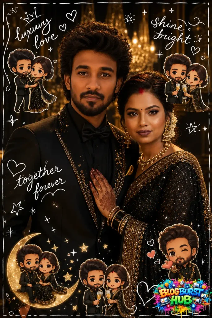 Stylish couple in black luxury outfits with miniature romantic illustrations and cinematic golden lighting.