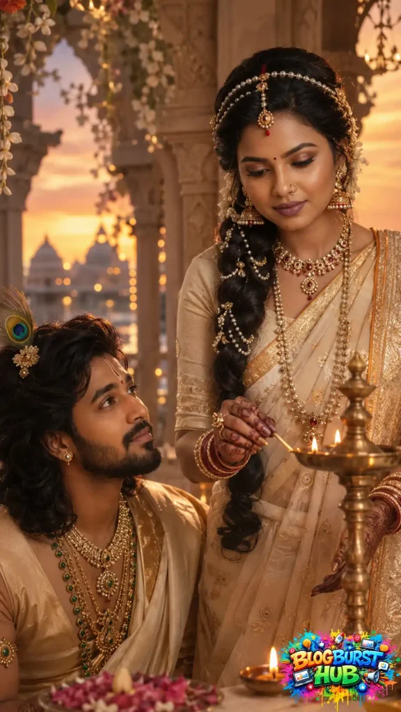 Traditional devotional-inspired scene with ceremonial lamps and elegant cultural styling.