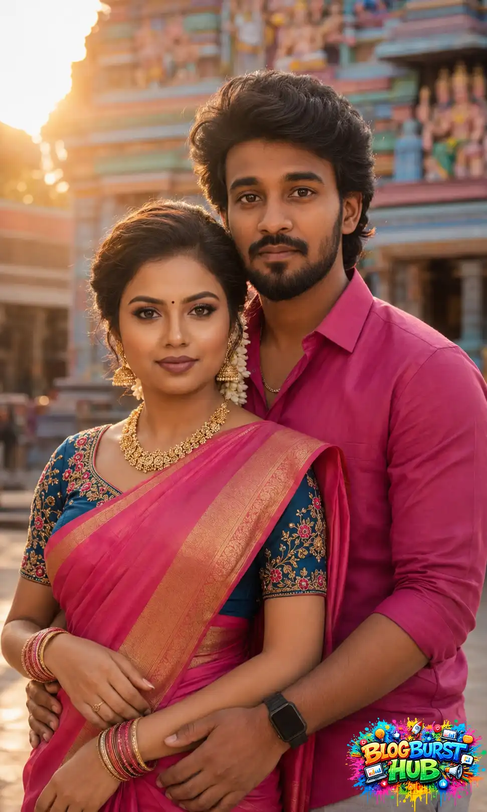 Traditional South Indian couple posing together in front of a colorful Hindu temple during sunset.
