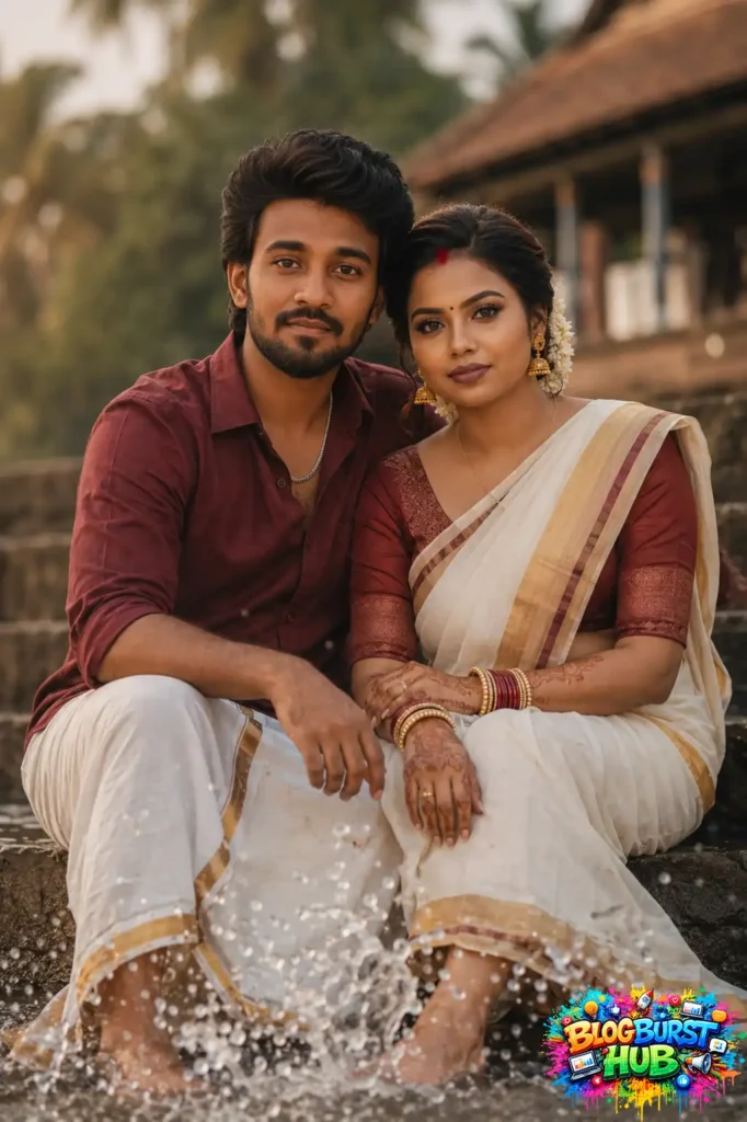 South Indian couple sitting together near riverside steps wearing traditional attire and looking at the camera.