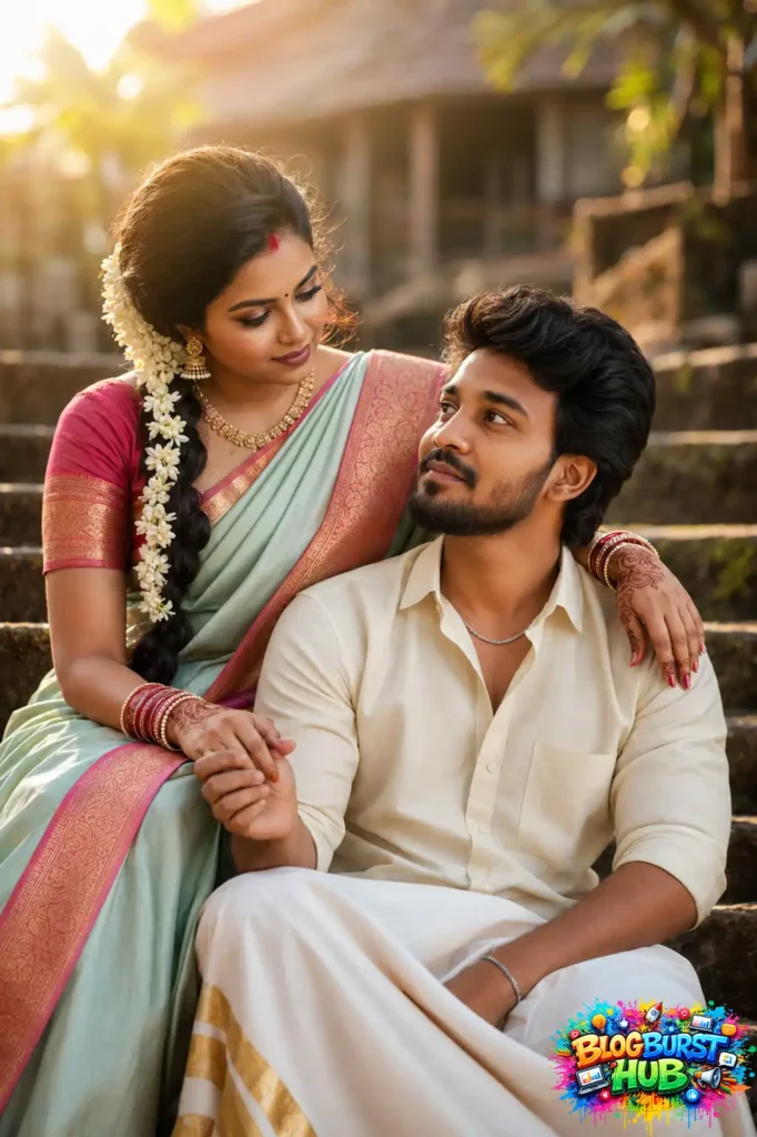 Traditional South Indian couple sitting together on temple steps holding hands and sharing a romantic moment.