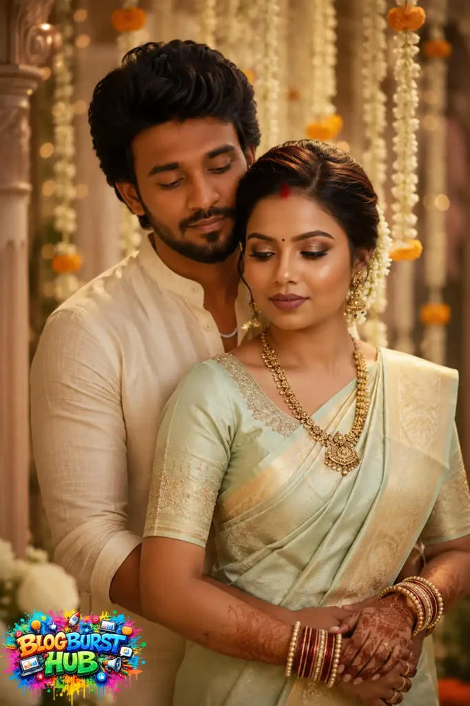 AI prewedding photoshoot with floral decor and traditional South Indian wedding styling