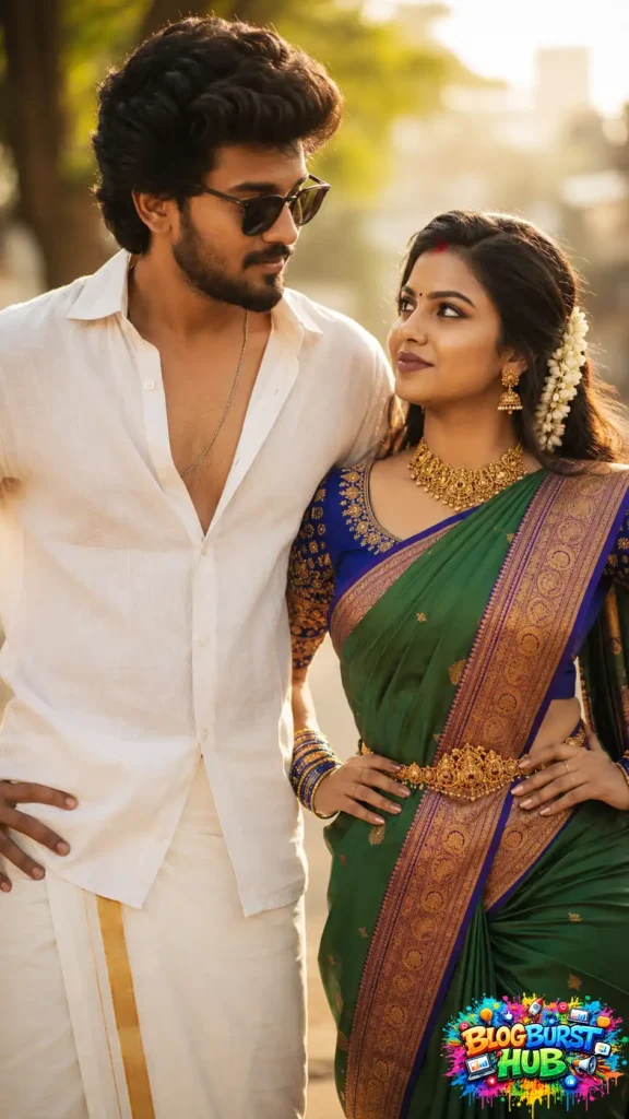 Stylish South Indian couple wearing a green saree and white traditional attire while sharing a romantic gaze outdoors.