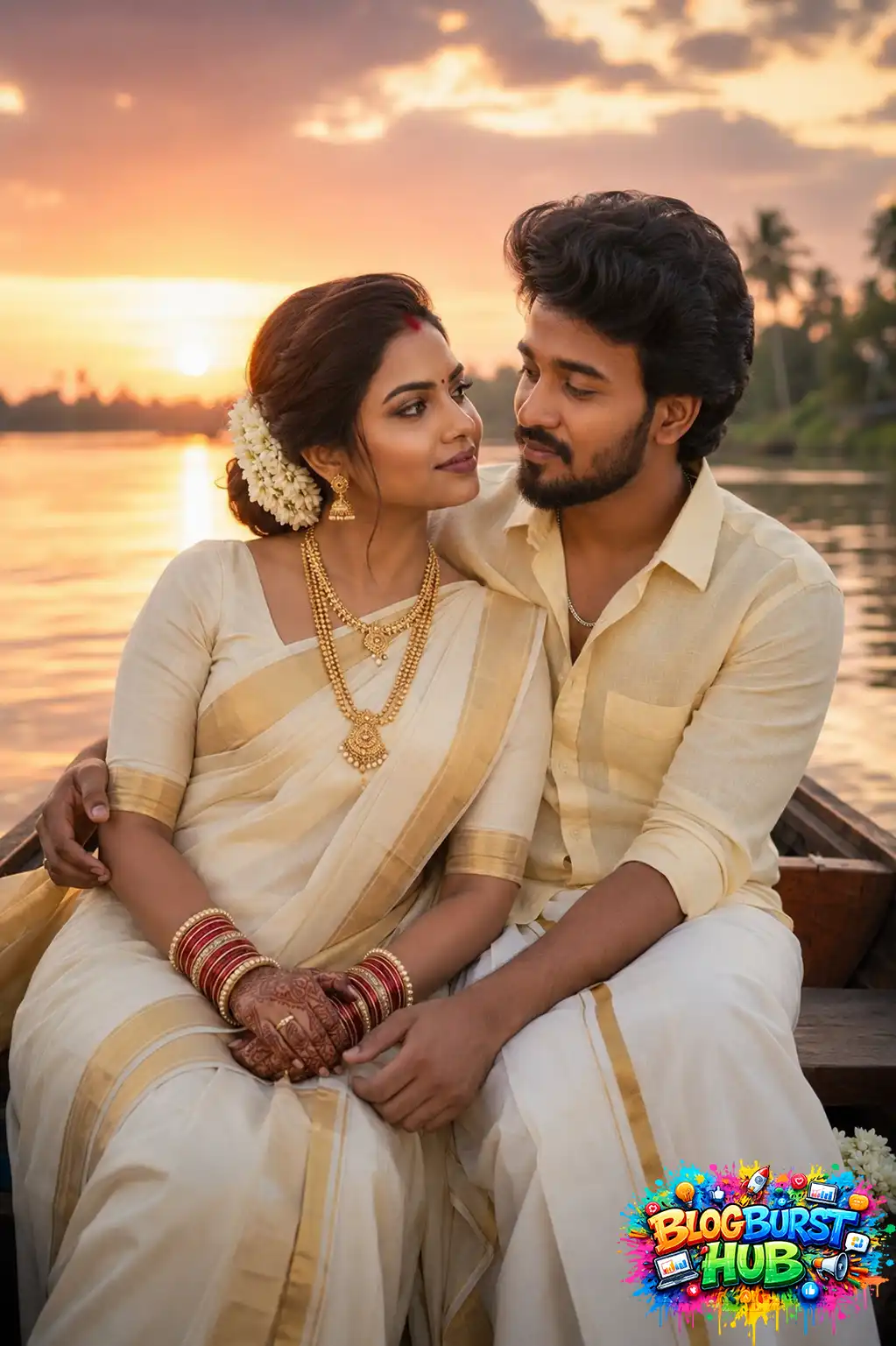 Luxury AI prewedding boat photoshoot at sunset with traditional South Indian attire