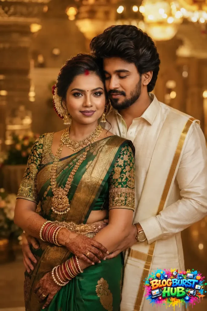 Luxury South Indian prewedding portrait with green silk saree and cinematic wedding styling