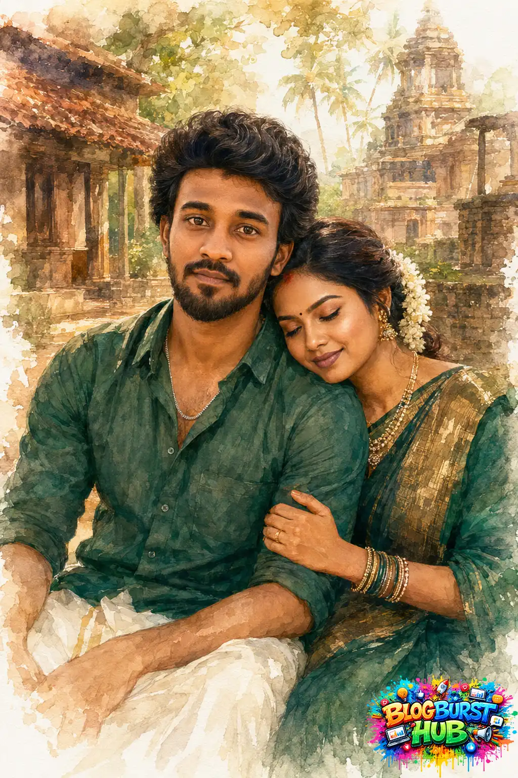 Traditional South Indian couple watercolor portrait with Kerala attire sitting near temple architecture in a romantic pose.