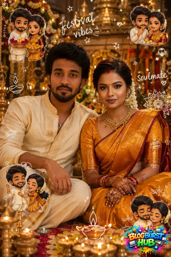 Traditional Indian couple in festive ethnic outfits with miniature cartoon couple art and warm festival lighting.