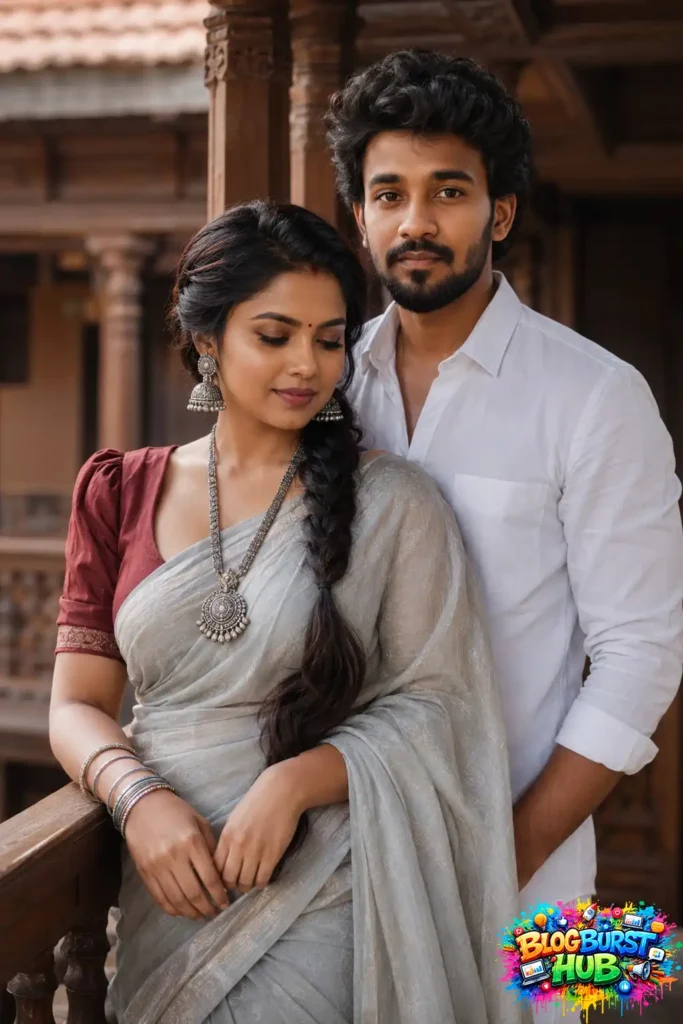 South Indian couple dressed in elegant traditional attire posing in a heritage wooden courtyard.