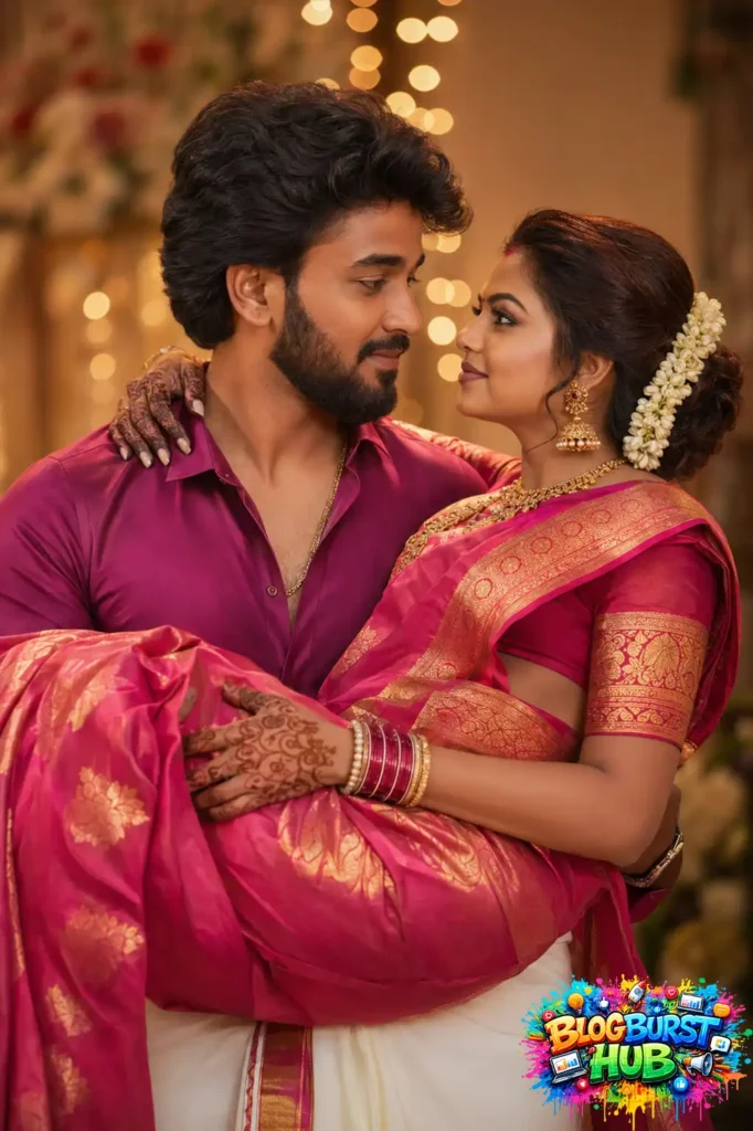Romantic AI prewedding photoshoot featuring South Indian couple pose with traditional wedding outfits