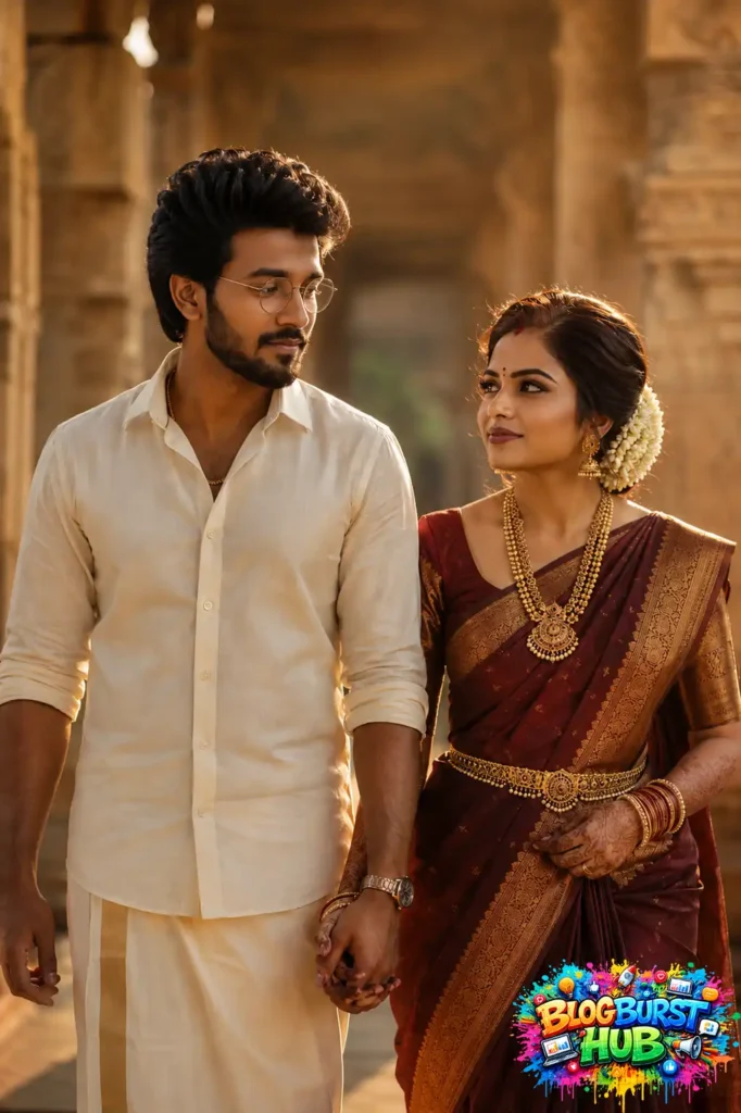 Traditional South Indian prewedding couple walking in temple setting with luxury styling