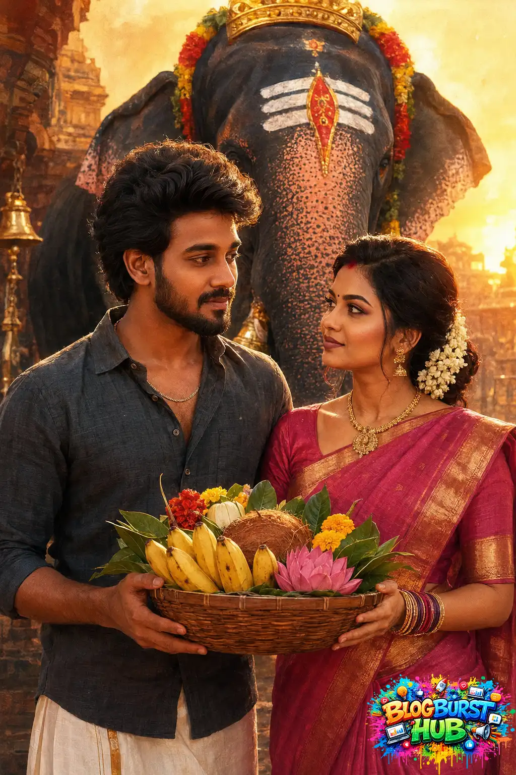Traditional Indian couple standing near temple elephant with cultural romantic Instagram aesthetic.