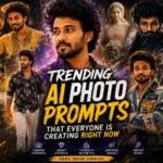 Collage-style feature image showcasing trending AI photo prompts including cinematic portraits, luxury aesthetics, fantasy lighting, urban street style, creative fashion concepts, and futuristic visual designs.