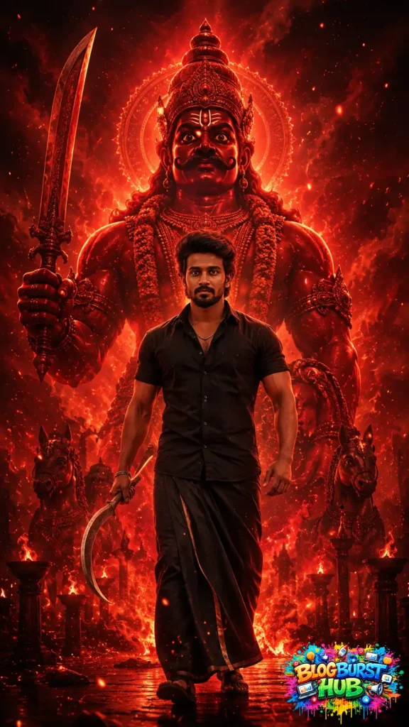 Tamil mass hero standing before a giant Ayyannar guardian statue with fiery red cinematic background in Karuppu movie poster style
