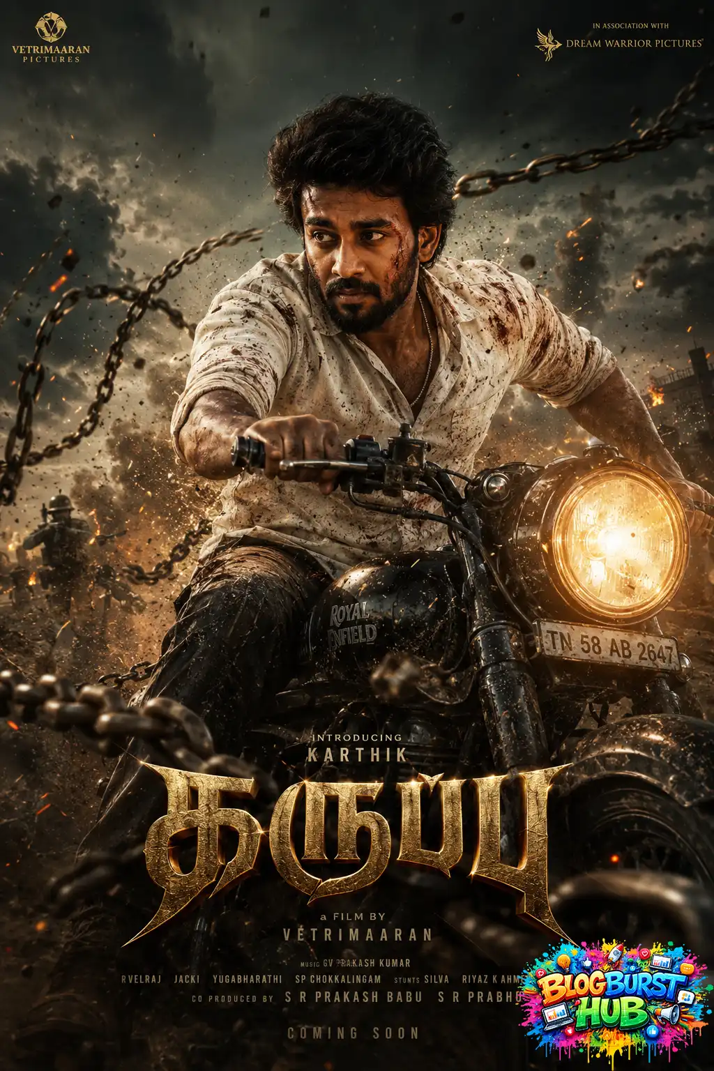 Tamil action hero riding a Royal Enfield motorcycle through explosive cinematic chaos in Karuppu movie style