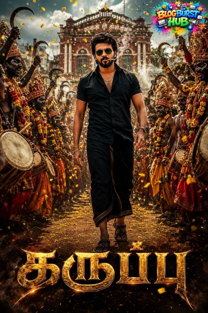 Stylish Tamil hero walking through a traditional village festival crowd in cinematic Karuppu movie style