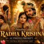Ultra HD Radha Krishna inspired AI art portrait featuring traditional attire, golden cinematic lighting, floral details, and devotional aesthetic