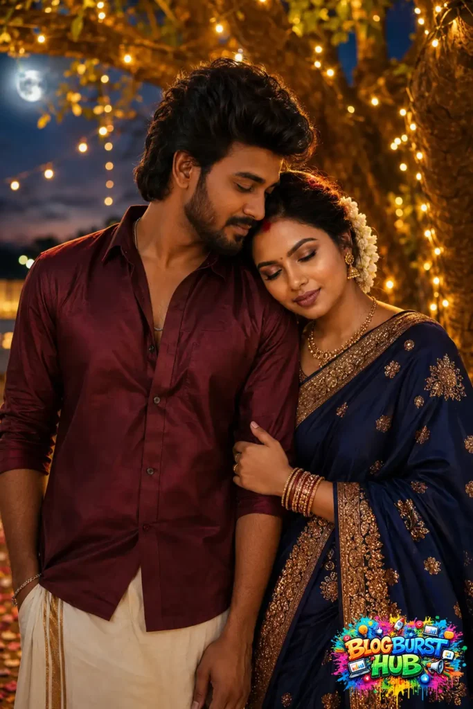 Romantic couple posing under warm fairy lights at night in traditional outfits for Instagram couples photoshoot inspiration.