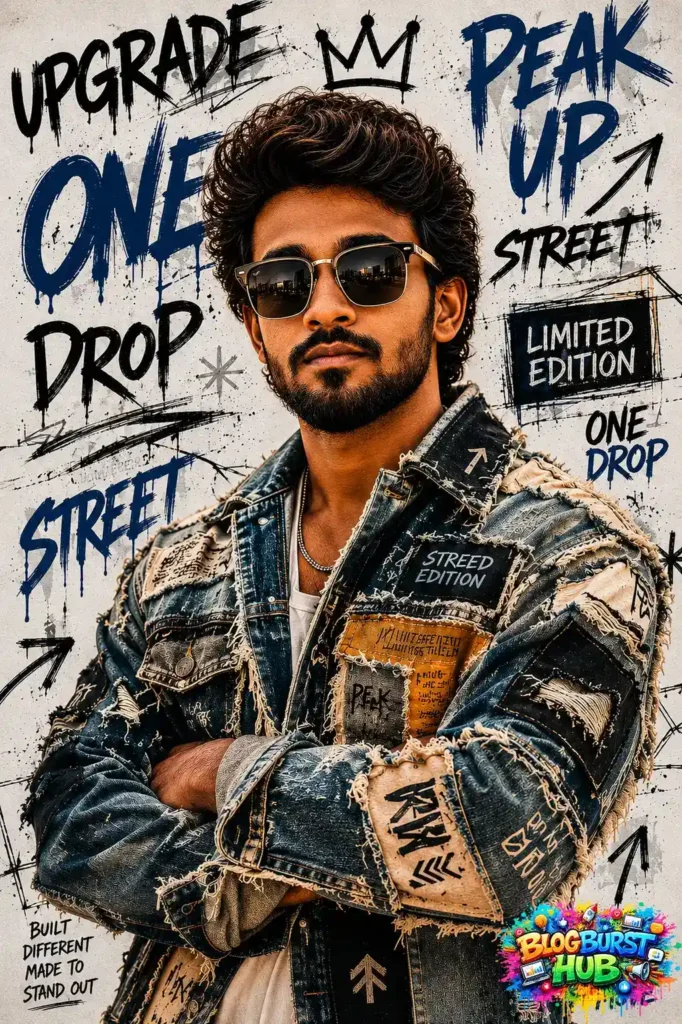 AI-generated streetwear portrait featuring a young man in distressed denim with graffiti typography and urban fashion aesthetic.