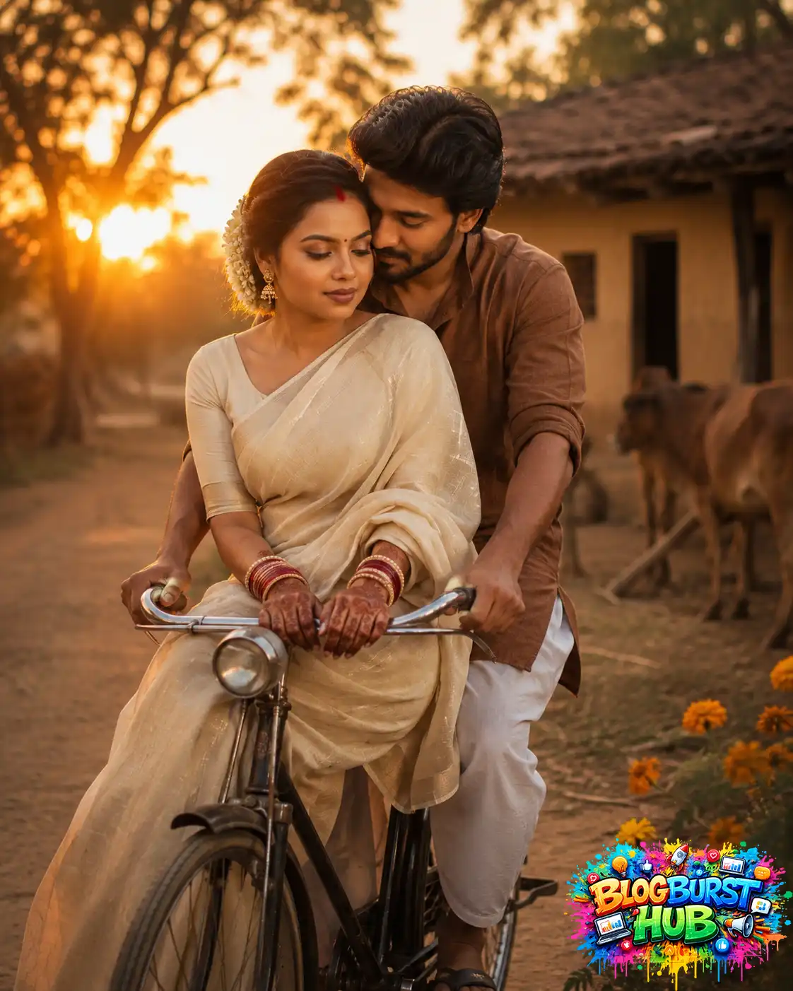 Romantic AI-generated village couple portrait on bicycle during cinematic golden-hour sunset