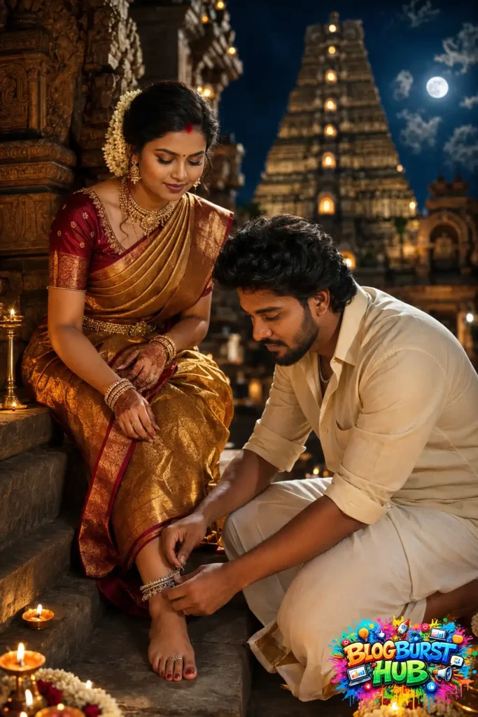 Romantic AI-generated Indian couple portrait at an illuminated temple during night with traditional outfits and cinematic lighting