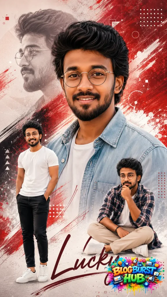 Realistic cinematic AI portrait featuring multiple poses of a stylish man with artistic red and white abstract background.