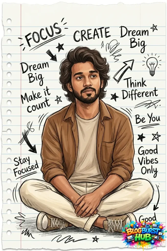 Illustration of a man sitting cross-legged with motivational words like focus, dream big, and stay focused written around him