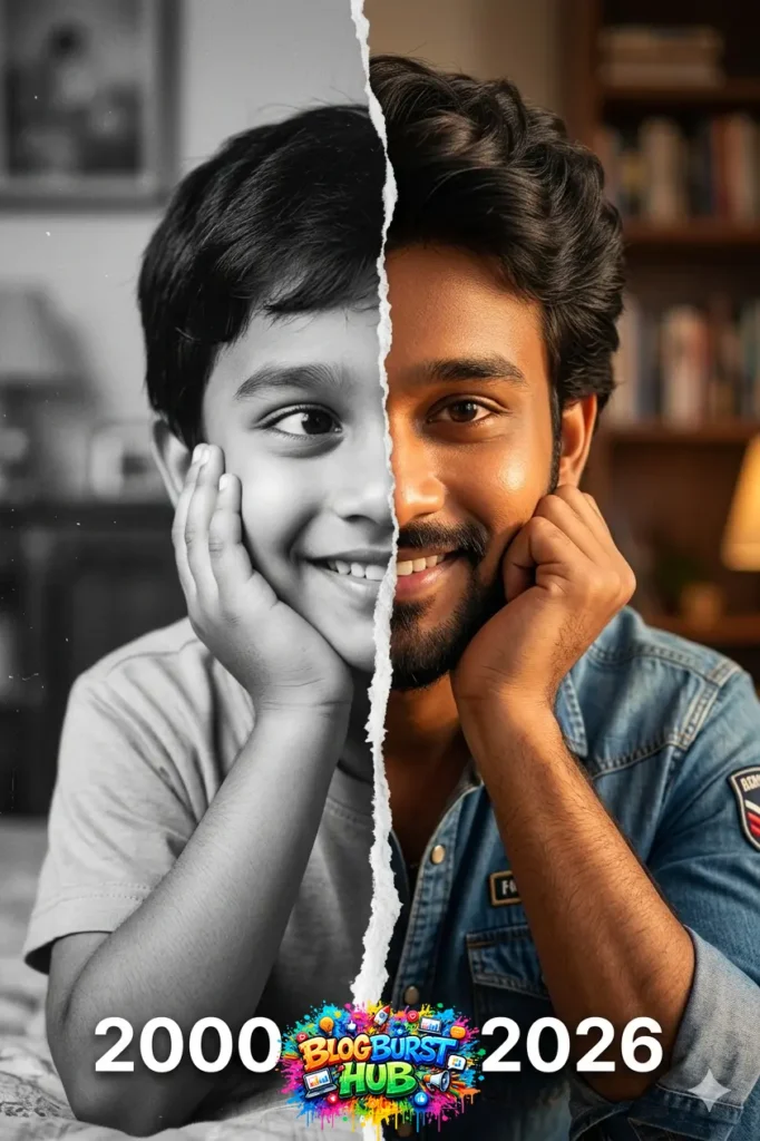 Split image showing a childhood photo on one side and adult version on the other with year labels 2000 and 2026