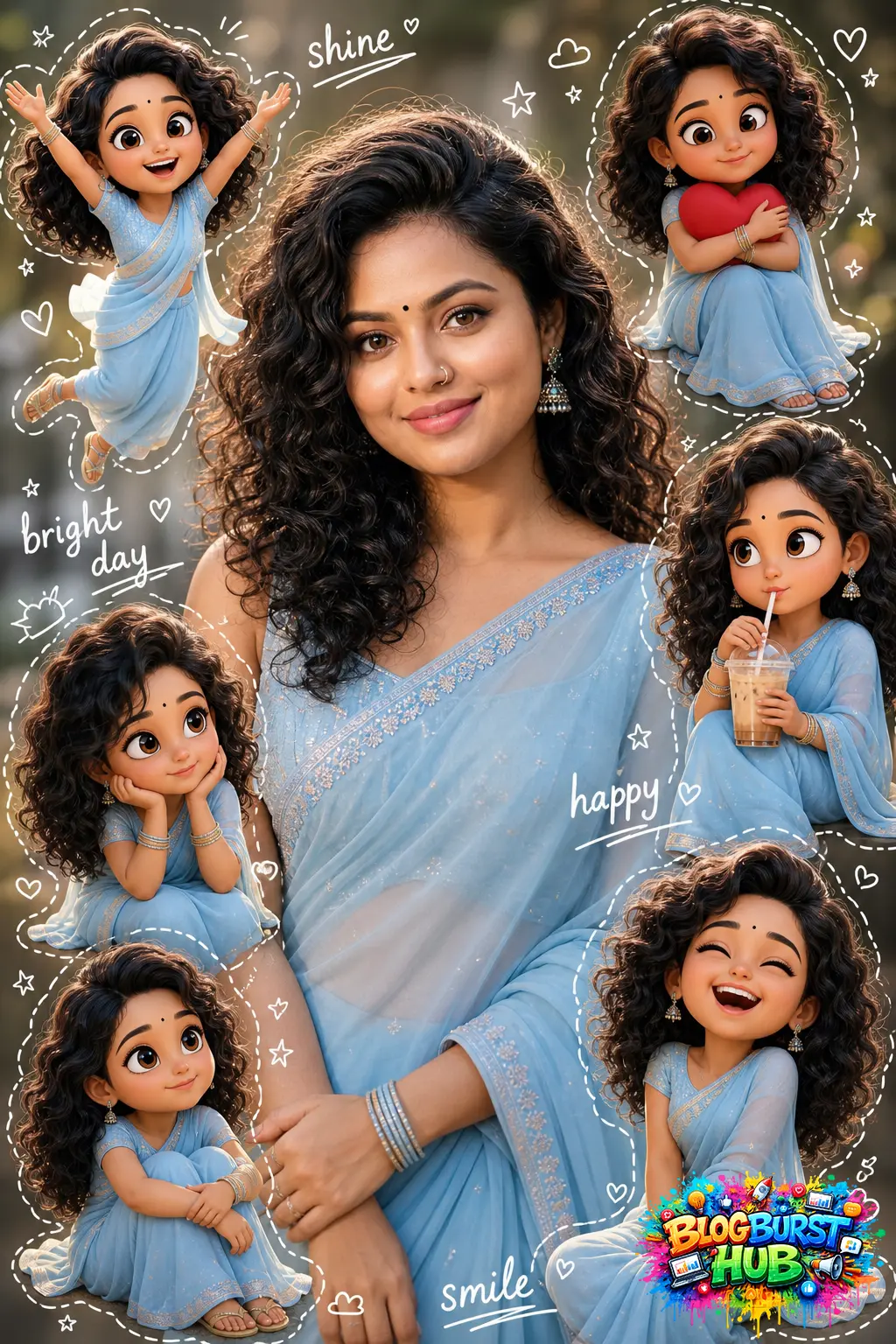 Woman in blue saree surrounded by cute animated mini characters of herself