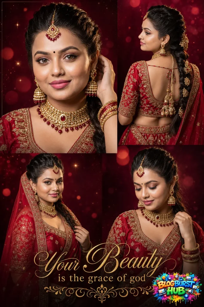 Collage of a woman in red bridal attire showcasing jewelry, makeup, and traditional styling