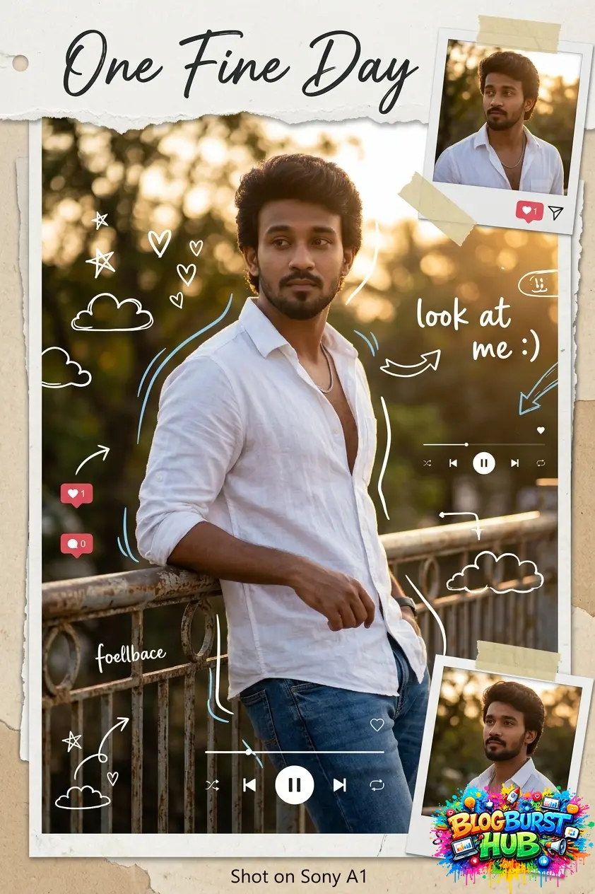 Man standing outdoors during golden hour with aesthetic doodle elements and casual outfit