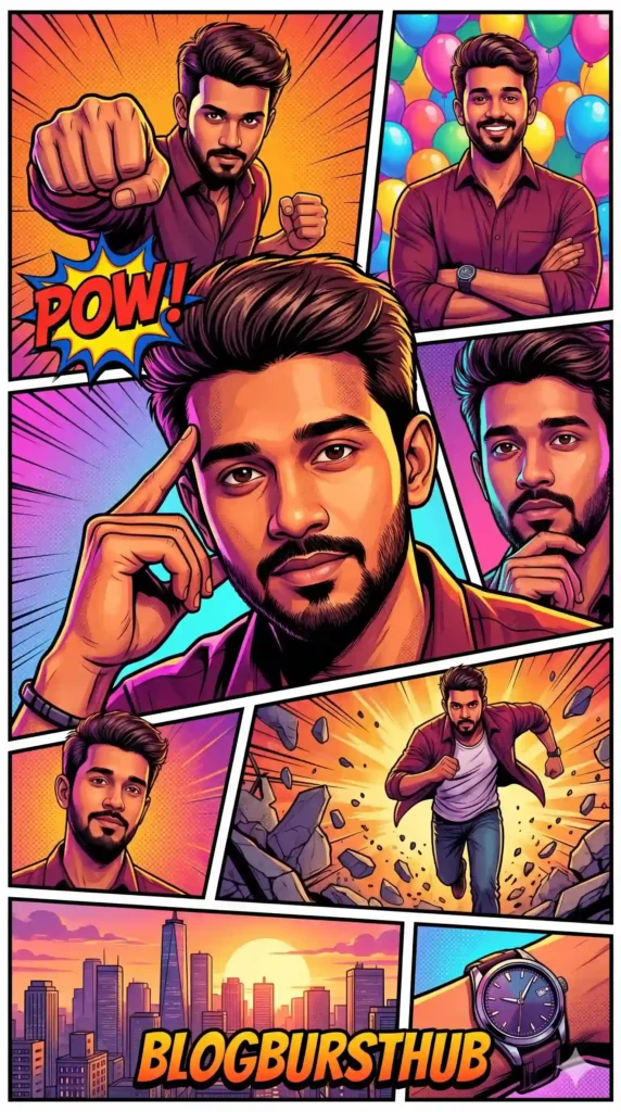 Colorful comic-style illustration of a man in multiple action scenes including punching, thinking, smiling, and running with vibrant backgrounds and pop art effects
