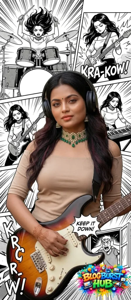Woman holding guitar with comic-style black and white background illustrations