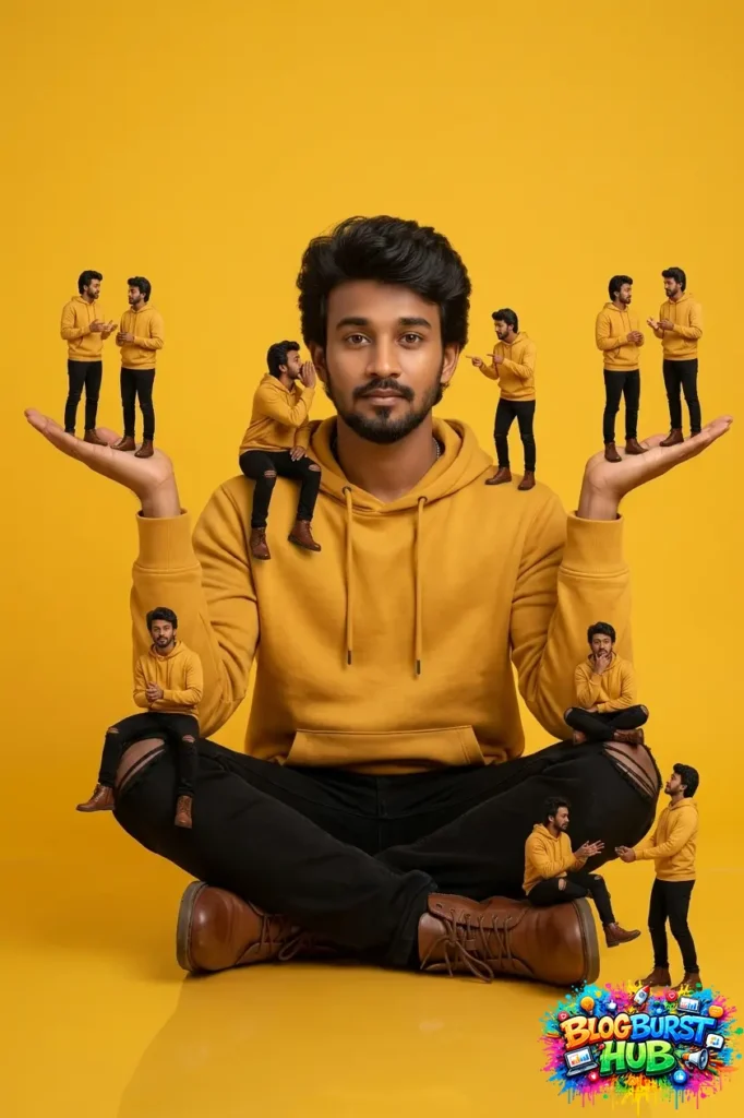 Man sitting with multiple miniature versions of himself on both hands in a creative clone effect